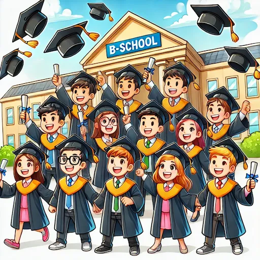 Illustration of diverse graduates celebrating in front of a business school, symbolizing success in MBA admissions